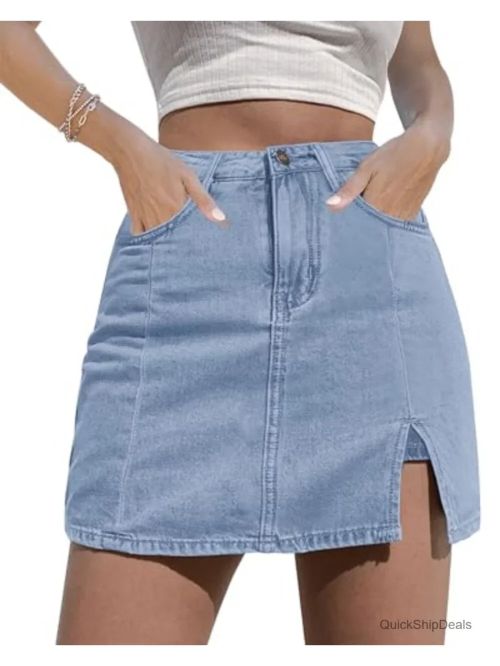 High Waisted Stretchy Denim Mini Skort Side Slit Bodycon Jean Skirt